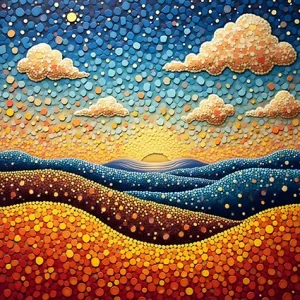 Surreal tesserae skyline with shifting dotted clouds