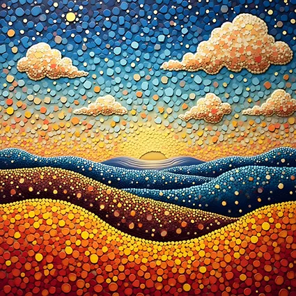 Surreal tesserae skyline with shifting dotted clouds