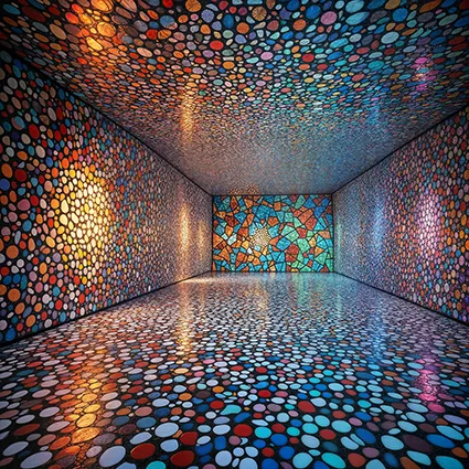 Tesserae mosaic of fluid mirrored shapes with polka dots