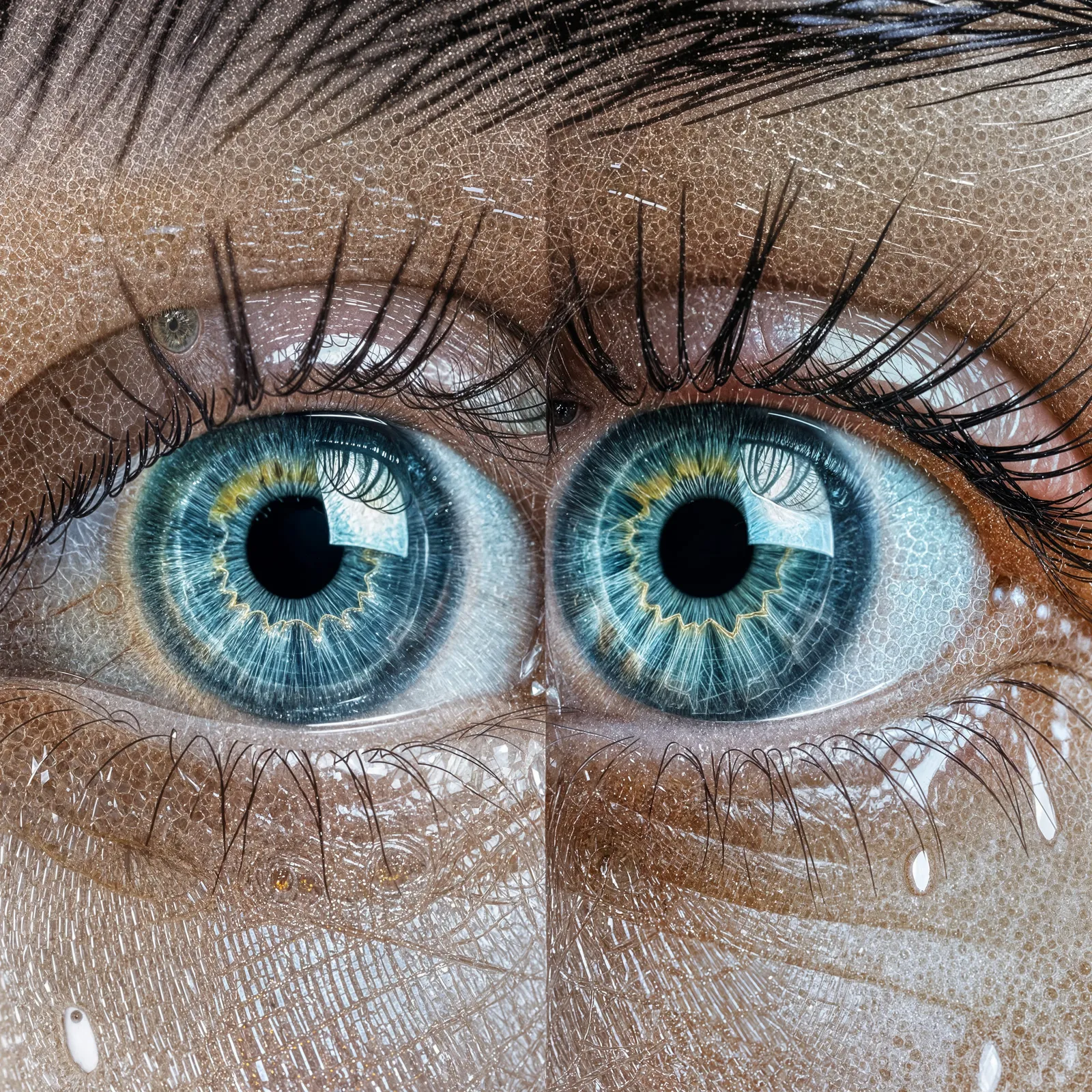 blue eyes with reflective crystal-like surface