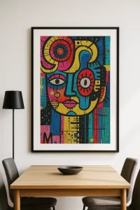 Framed mosaic abstract face artwork in modern dining room
