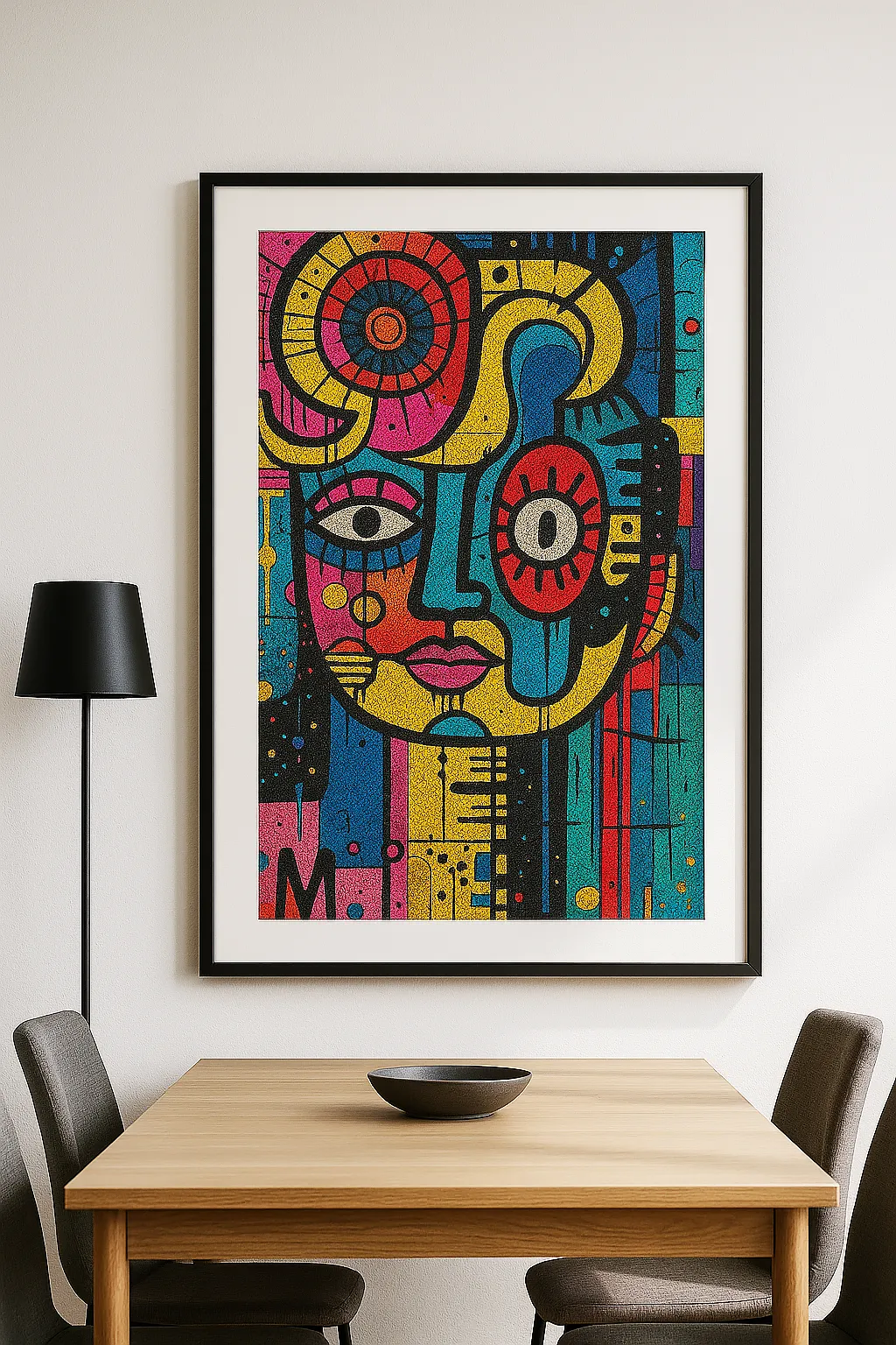 Framed mosaic abstract face artwork in modern dining room