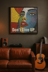Pop-art style ArTile poster framed above a sofa