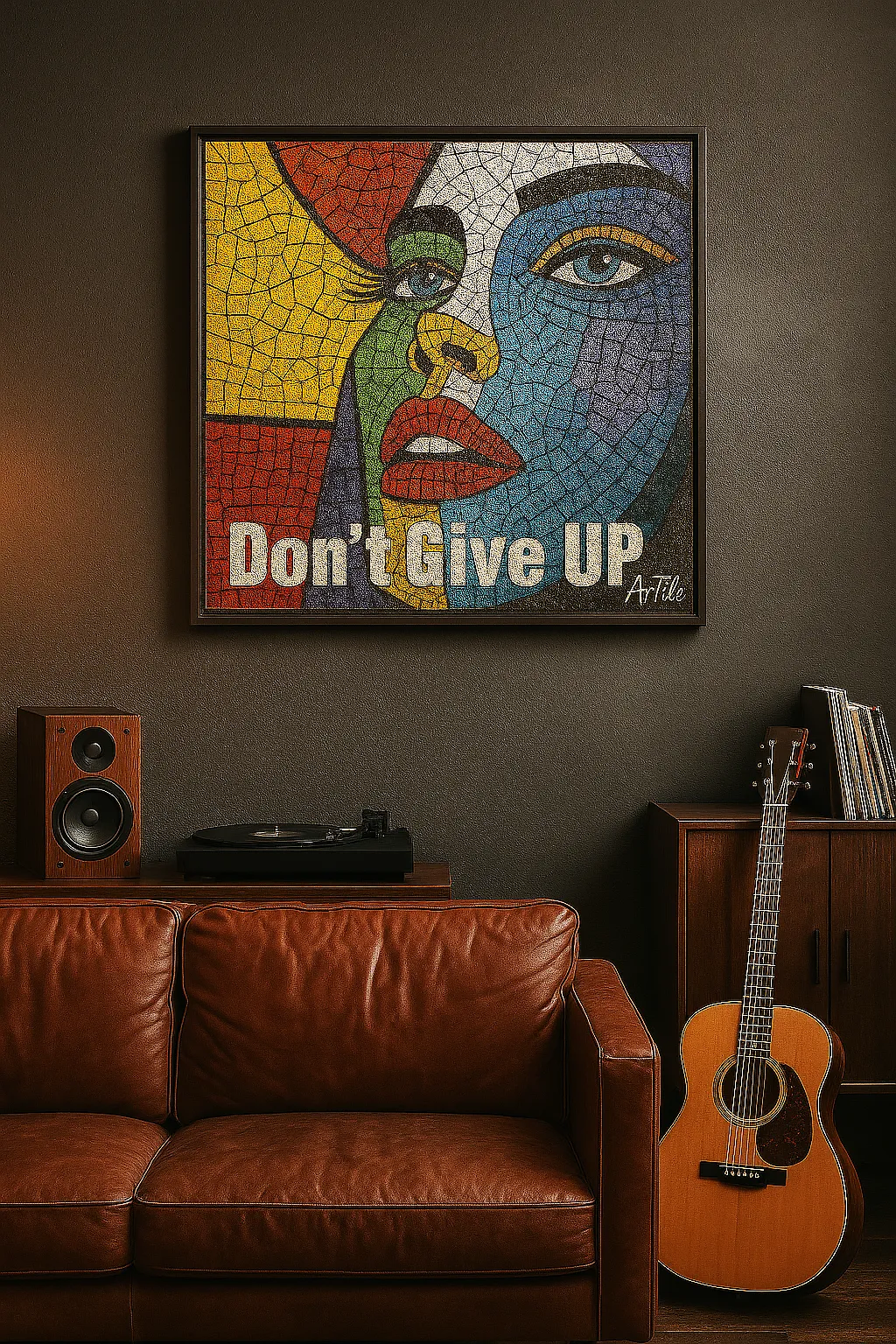 Pop-art style ArTile poster framed above a sofa