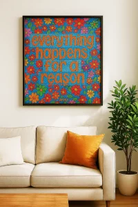 Colourful floral text ArTile framed above a sofa in bright room