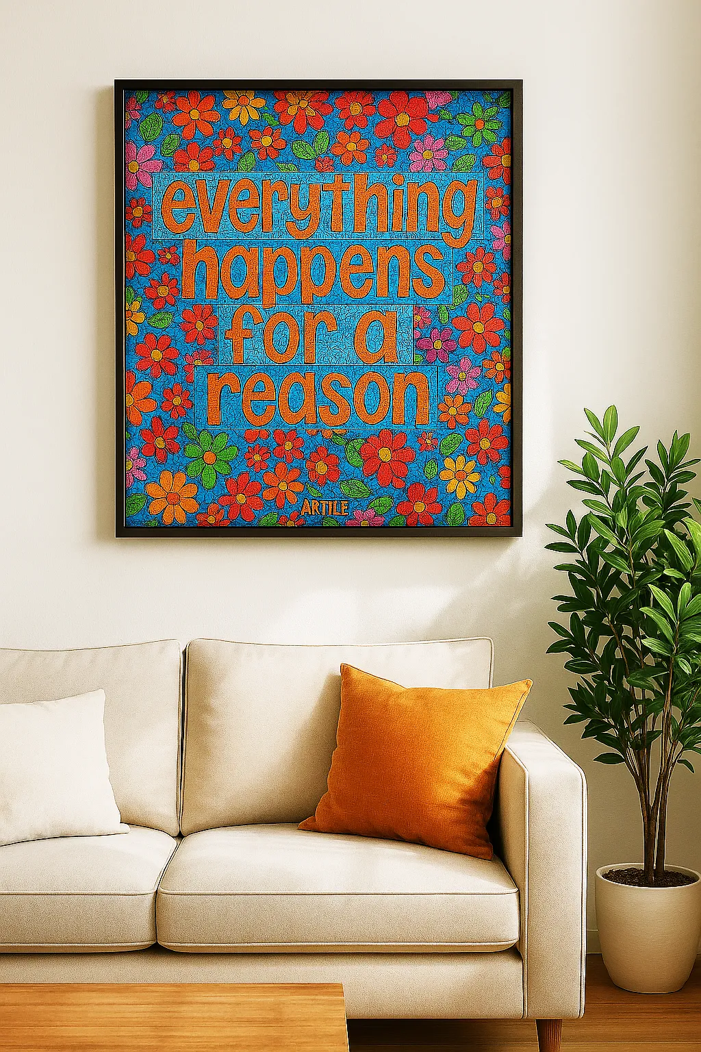Colourful floral text ArTile framed above a sofa in bright room