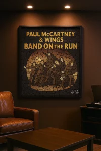 Mosaic “Band on the Run” album artwork framed in music lounge