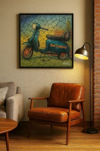 Mosaic scooter ArTile artwork framed in industrial living room