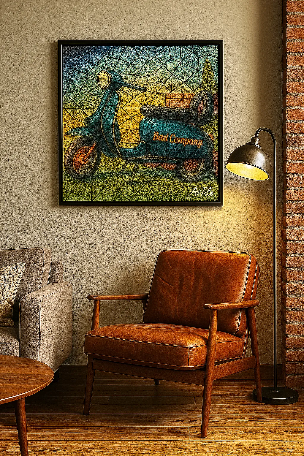Mosaic scooter ArTile artwork framed in industrial living room