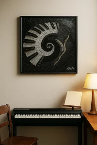 Spiral piano key ArTile framed above digital piano