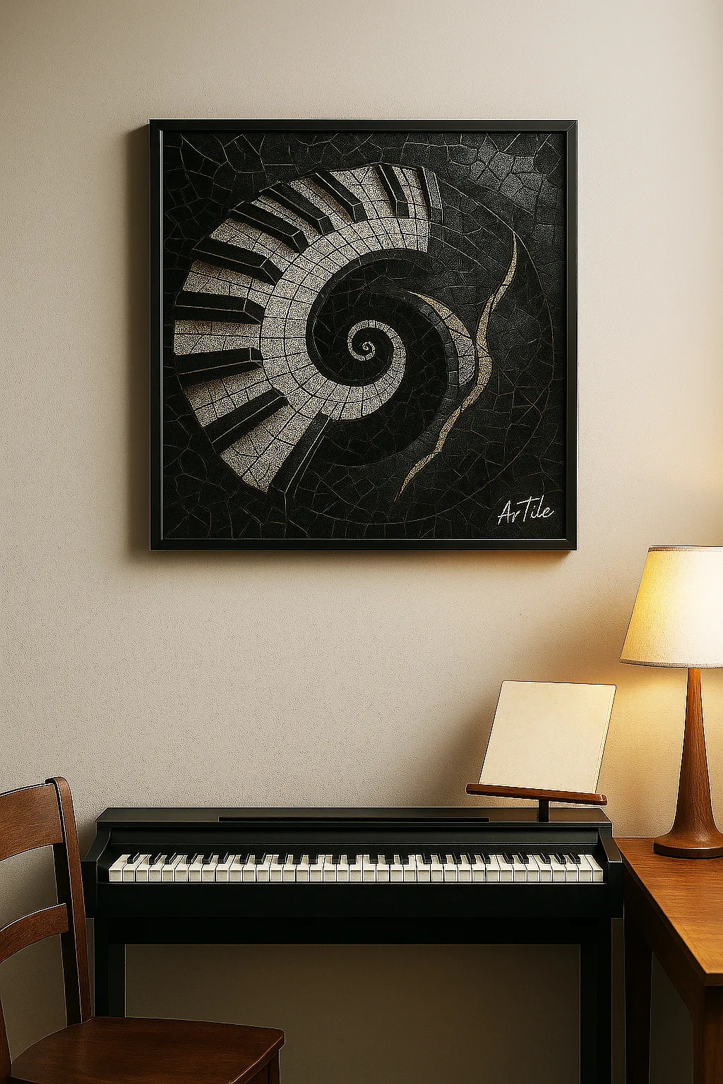 Spiral piano key ArTile framed above digital piano