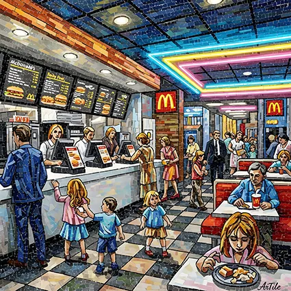 Large McDonald’s interior with crowd in mosaic tesserae style