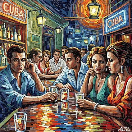 Cuban bar scene in mosaic tesserae style with G. Marrone painting