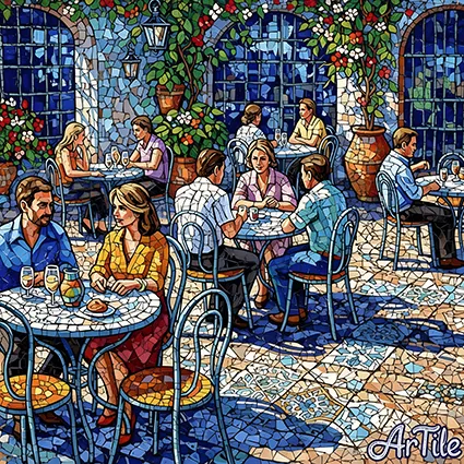 Spanish patio with people chatting in mosaic and G. Marrone style