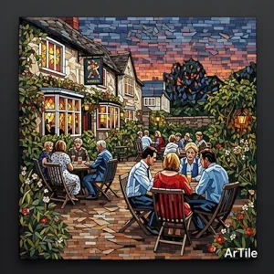 English pub garden gathering in mosaic with G. Marrone style