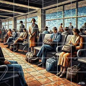 Airport waiting lounge with travelers in mosaic and G. Marrone style