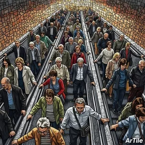 People on an escalator in mosaic tesserae with G. Marrone style