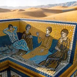 bench with people resting in desert mosaic scene