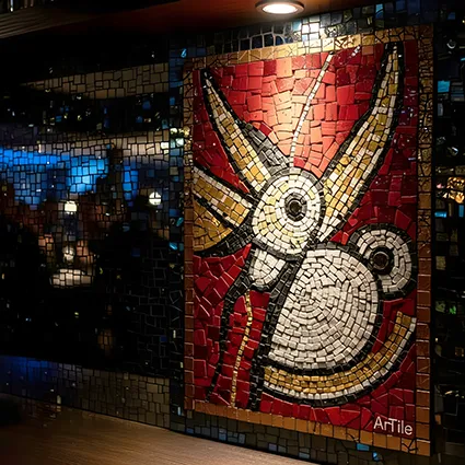 Italian nightclub bar with people in mosaic tesserae