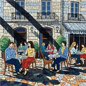 French café terrace scene in mosaic tesserae with G. Marrone style
