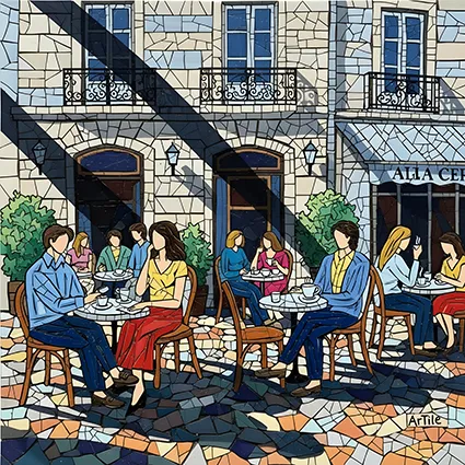 French café terrace scene in mosaic tesserae with G. Marrone style