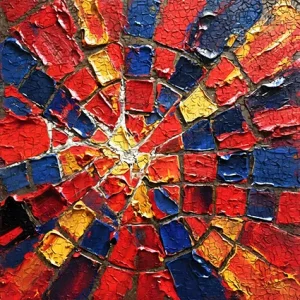 Vivid abstract with fiery reds, deep blues, and gold mosaic tessera layers.