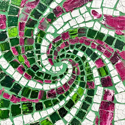Dynamic green and magenta abstract with mosaic tessera fragments and layered strokes.