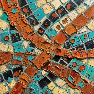 Cobalt, orange, and violet abstract with jewel-like mosaic tesserae woven through paint layers.