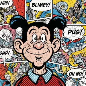 Pop art portrait of Plug with oversized ears in halftone dots