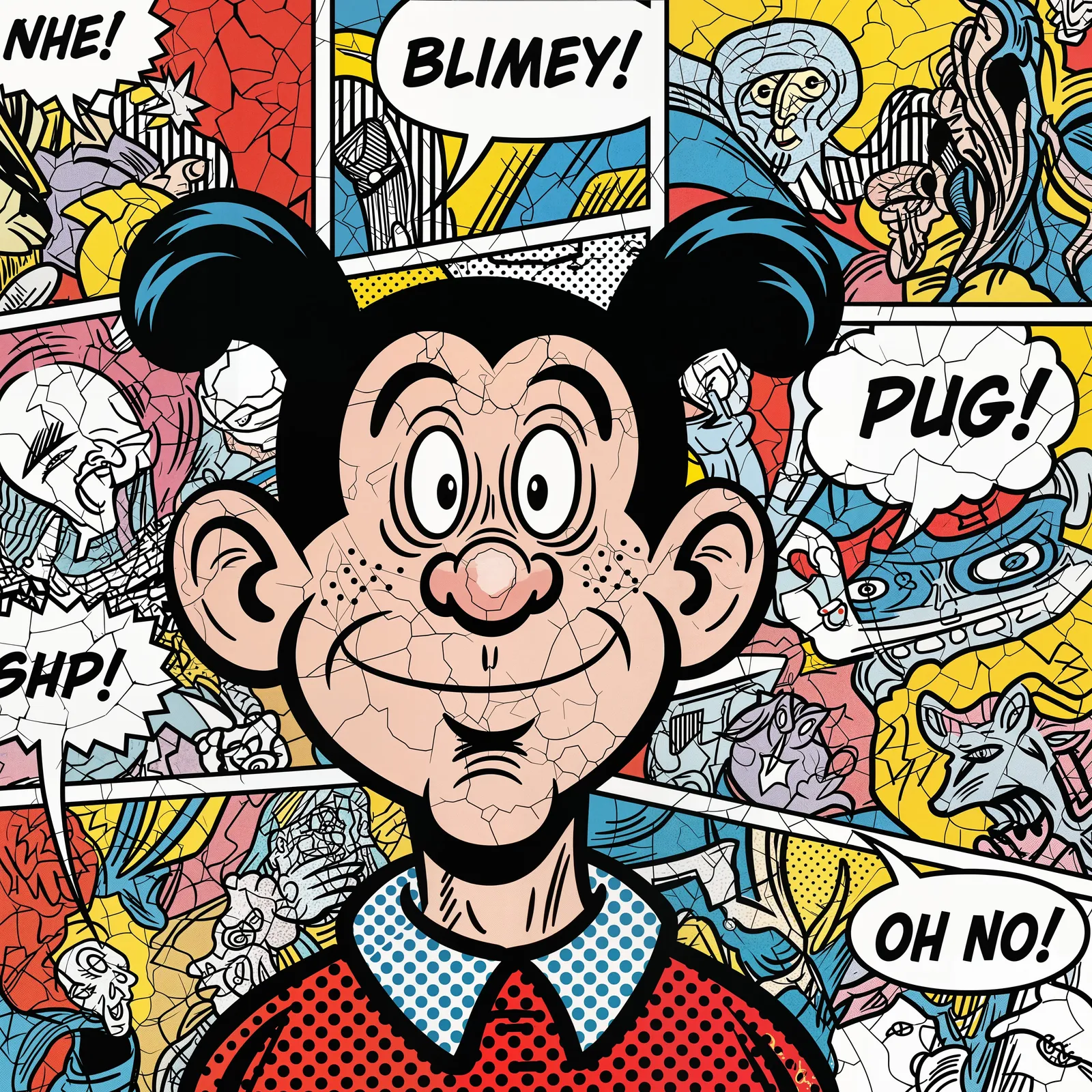 Pop art portrait of Plug with oversized ears in halftone dots