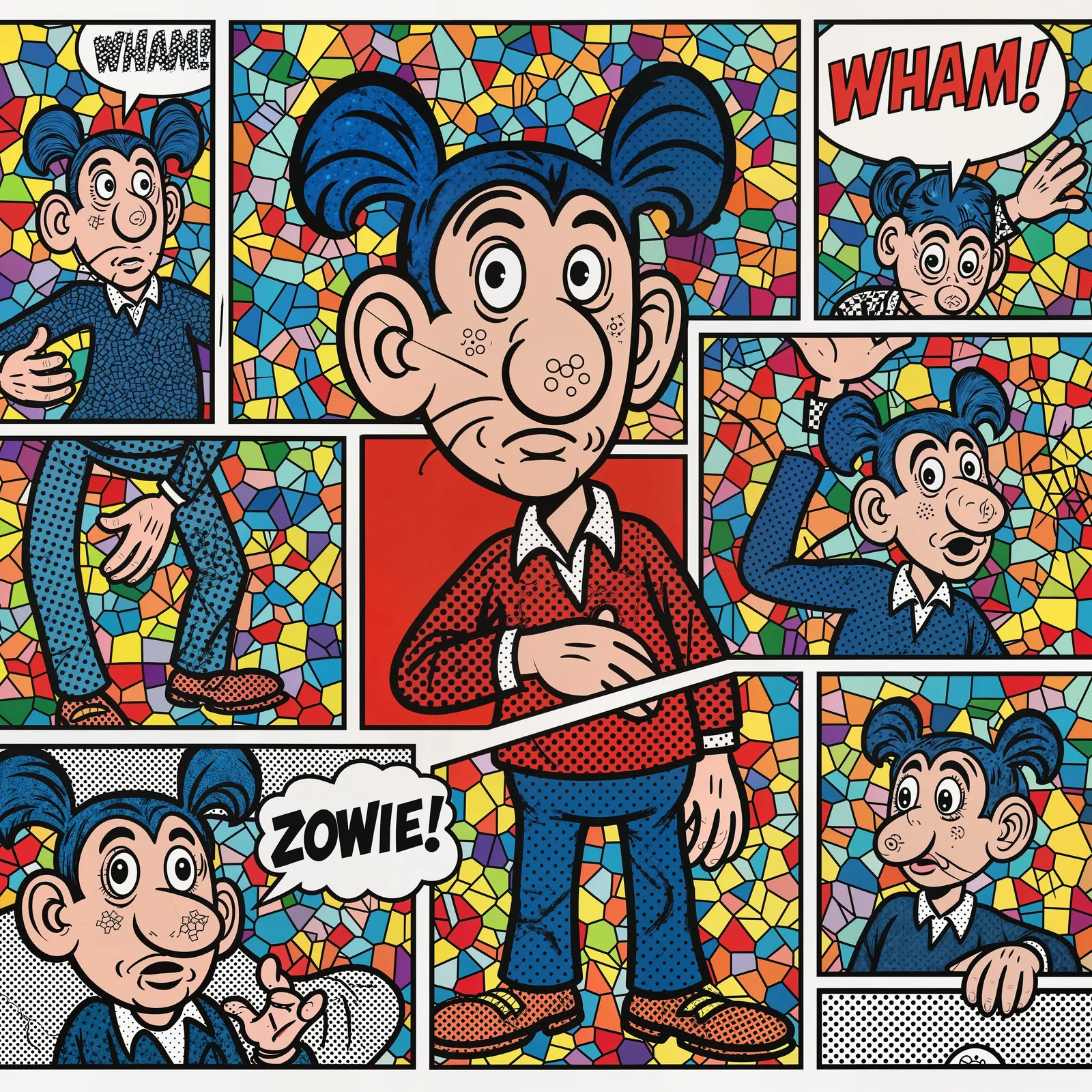 Plug’s face in close-up, halftone texture filling skin