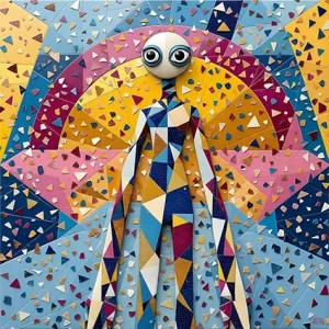 Symbolic figure with tessera mosaic and bold colours
