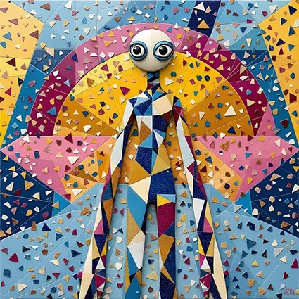 Symbolic figure with tessera mosaic and bold colours