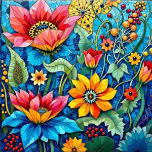 Abstract floral garden with neon tessera mosaics