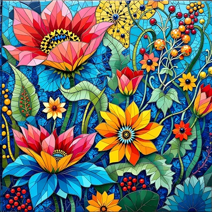 Abstract floral garden with neon tessera mosaics