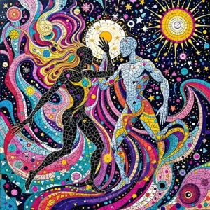 Cosmic dance of figures with tessera mosaic trails