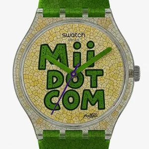 Mosaic art version of Swatch watch with green strap and cracked tesserae face