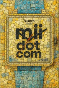 Square mosaic Swatch design with bold black text and blue strap