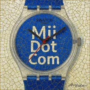 Swatch wristwatch with deep blue dial rendered in cracked mosaic art