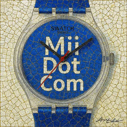 Swatch wristwatch with deep blue dial rendered in cracked mosaic art
