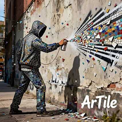 Hooded figure spraying tesserae