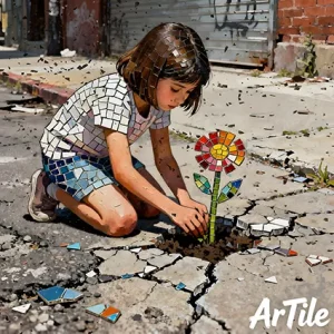 Girl planting tesserae flower