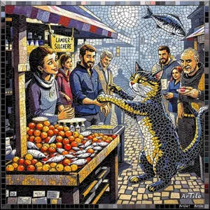 Mosaic cat stealing a fish