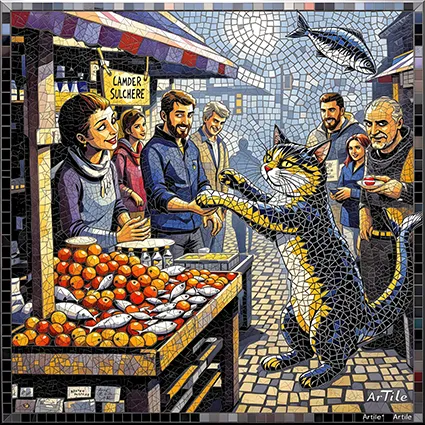 Mosaic cat stealing a fish