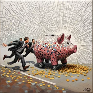 Businessmen chasing mosaic piggy bank