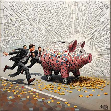 Businessmen chasing mosaic piggy bank