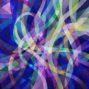 Abstract mosaic ribbons in celestial violet and green.