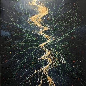 Abstract obsidian mosaic with amber ruby tones.