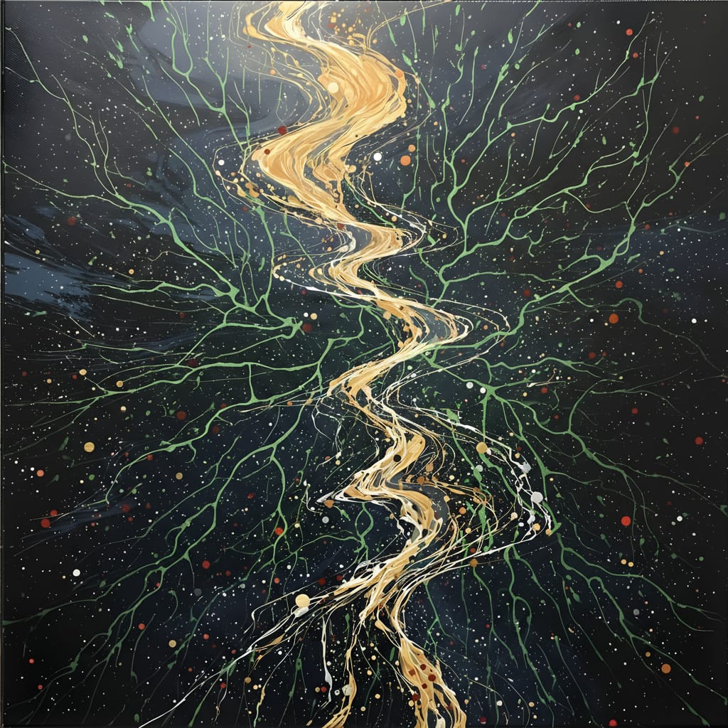 Abstract obsidian mosaic with amber ruby tones.