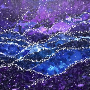 Abstract horizon art in deep velvet tones with mosaic glow.